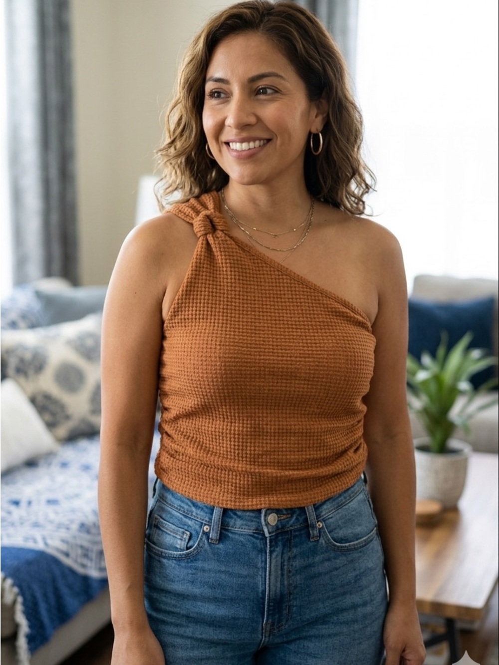 SHEIN One-Shoulder Knot Tank in Rust Orange